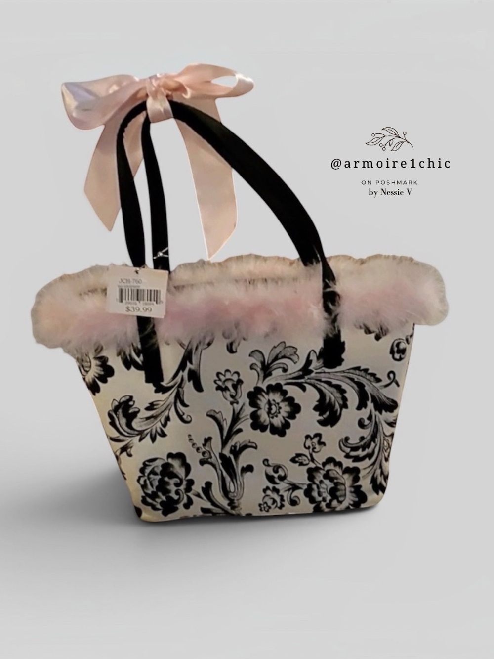 MINI TOTE BAG | Black on White Pattern with Pink Faux Fur Brim Adornment